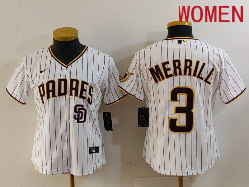 Women San Diego Padres #3 Merrill White stripe Nike Game 2024 MLB Jersey style 7262->women mlb jersey->Women Jersey